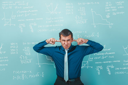 scientist professor teacher covered his ears with your fingers does not want to hear the science and...