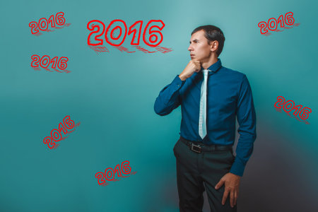 2016 businessman man thinking looking away portrait of two thousand sixteenth year studio background sketch infographicsの写真素材