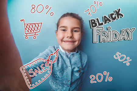girl teen Black Friday  discount sale shopping shouts opened her mouthの写真素材