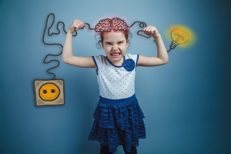 adolescent girls wrinkled face shows the power of arms and power charging cord plug wire igniter charge and sketch infographicsの写真素材