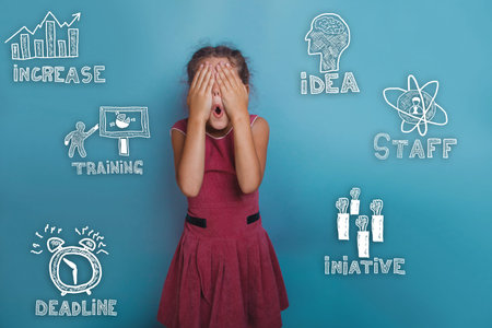 een girl covered her face opened her mouth sketch icons set business strategy