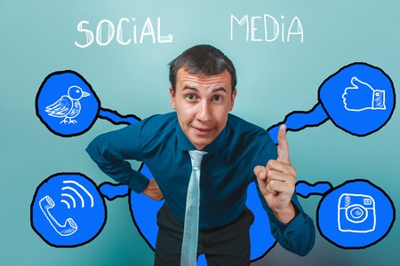 businessman man leaned forward and raised his index finger smiling social media infographics sketch Internetの写真素材