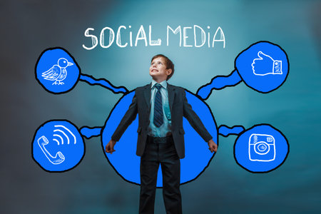businessman teenager boy is kind of a full-length spread his arms looking up social media...
