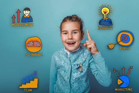 girl raised her thumb up and laughing collection of business icons management team goal sketch