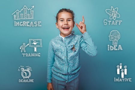 Teen girl laughs and points finger up sketch icons set business strategyの写真素材