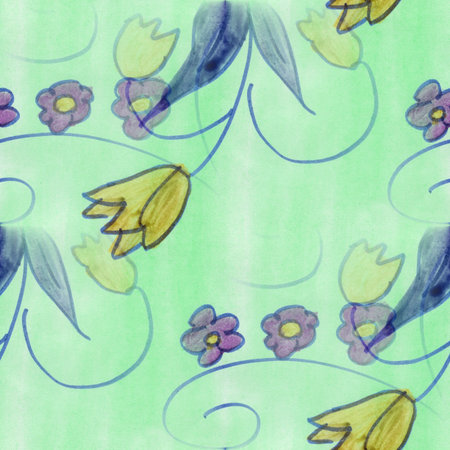 watercolor  flowers seamless blue green handmade wallpaper backgroundの写真素材