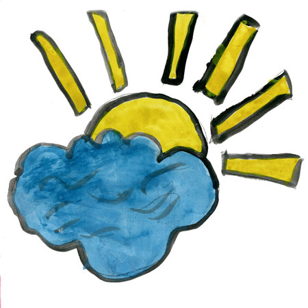 the sun behind a cloud isolated on white  background cartoon watercolorの写真素材