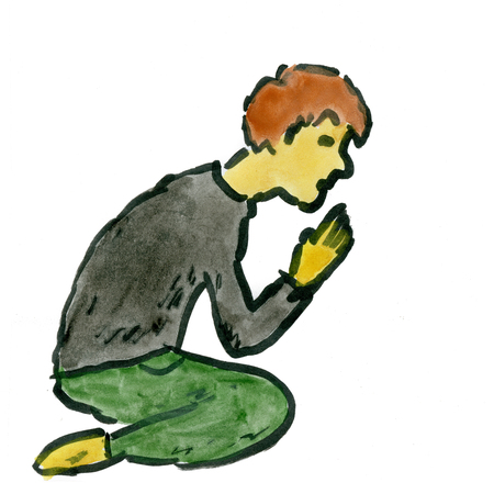 cartoon man praying isolated on white backgroundの写真素材