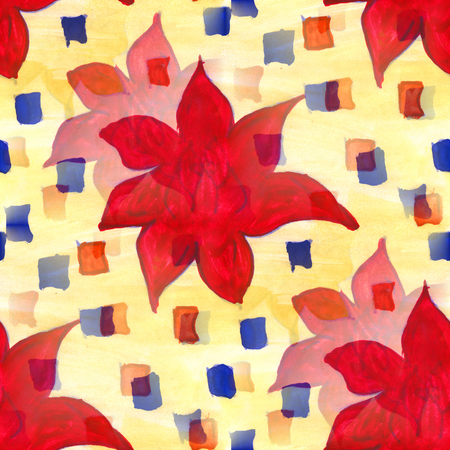 watercolor  flower pattern yellow red seamless floral background spring illustration wallpaper vintage art flowersの写真素材