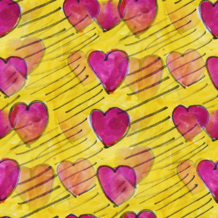 heart art  yellow violet valentines day ornament seamless watercolor handmade abstract