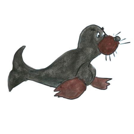 Black fur seal cartoon watercolor isolatedの写真素材