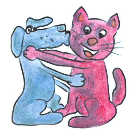 Blue Dog hugging a pink cat cartoon watercolor isolatedの写真素材