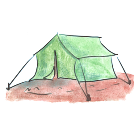 Green tent cartoon watercolor isolated handmadeの写真素材