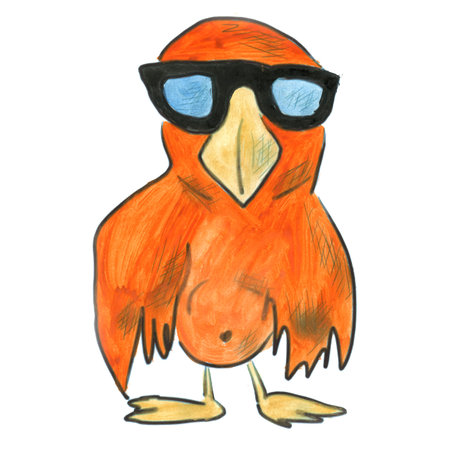 orange bird with glasses cartoon watercolor isolated handmadeの写真素材