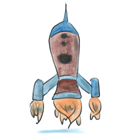 Brown Blue Rocket cartoon watercolor isolated handmadeの写真素材