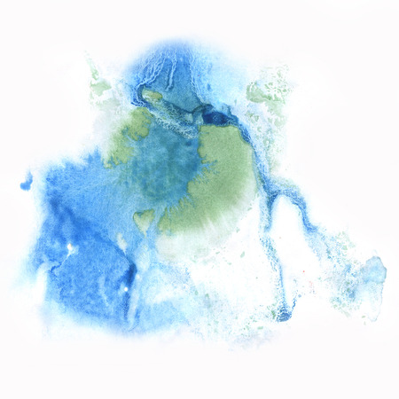 ink splatter watercolour dye liquid watercolor macro spot blotch texture isolated on green blue white backgroundの写真素材