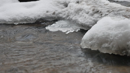 creek in the woods in winter flowing water, small river in the snow nature landscape