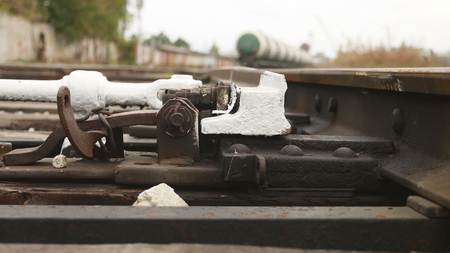 old railroad rails bottom view of the movementの写真素材