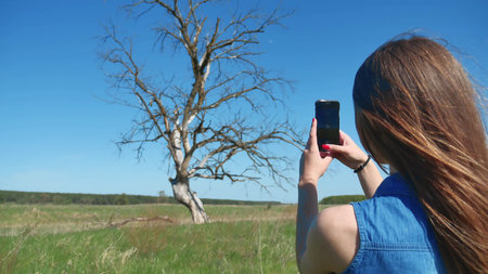 Girl takes pictures of a tree.tourist holding phone mobile taking photo dry tree lifestyle nature