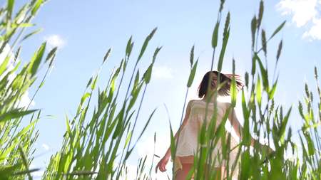 Girl sexy in a dress in a field of green grass. Girl lifestyle sunlight glare sun, summer happinessの写真素材