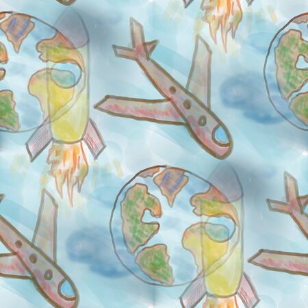 Seamless blue space rocket and earth with airplane a childish pattern abstract art curve for your wallpaper and website background. interesting naive childhood dreams texture conceptの写真素材