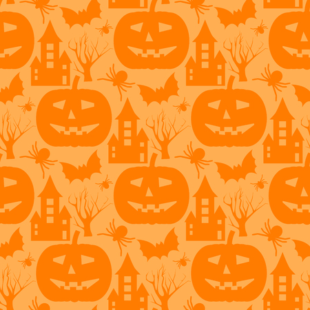 Halloween seamless pattern. Background with silhouettes of spiders, pumpkins, bats, trees, castles.のイラスト素材