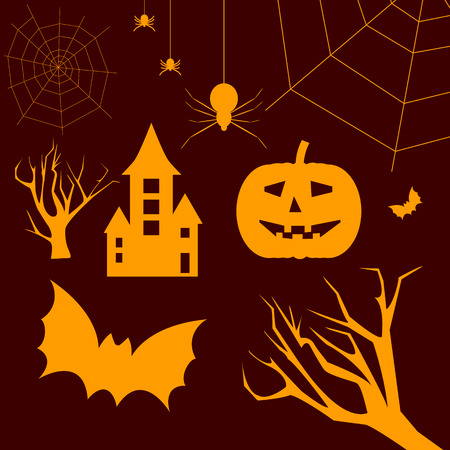 Set of design elements for Halloween. Silhouettes of spiders, pumpkin, bat, tree, castle.のイラスト素材