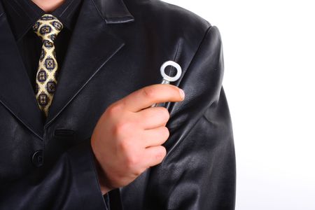 Man with key on handの写真素材