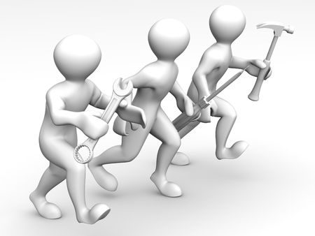 Three man with tools. Maintenance. 3dの写真素材