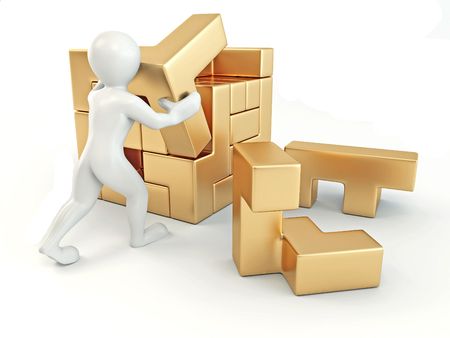 Men with a cube built from blocks. Puzzle. 3dの写真素材