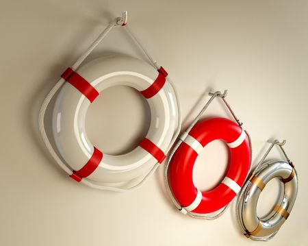 Lifebouys on wall. 3dの写真素材