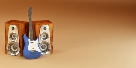 Guitar and louspeakers on yellow background. 3dの写真素材