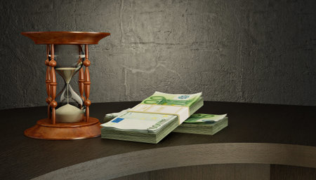 Hourglass and money on the desk. 3d