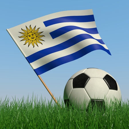 Soccer ball in the grass and the flag of Uruguay against the blue sky. 3dの写真素材