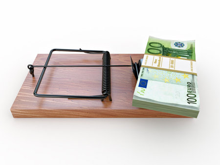Mousetrap with euro on white isolated background. 3d