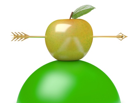 Arrow through apple on white isolated background. 3dの写真素材