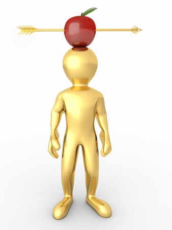 Men and Arrow through apple on white isolated background. 3dの写真素材