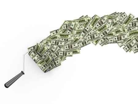 Roller brush with dollar on white isolated background. 3dの写真素材