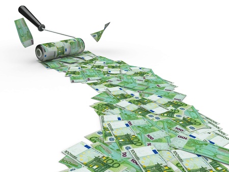 Roller brush with euro on white isolated background. 3dの写真素材