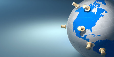 Earth and thumbtacks on blue background. 3dの写真素材