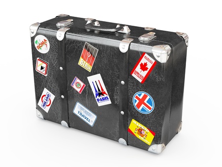 Black leather suitcase with travel stickers. 3dの写真素材