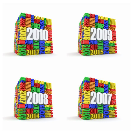 New year 2010, 2009, 2008, 2007. Cube consisting of the numbers. 3d