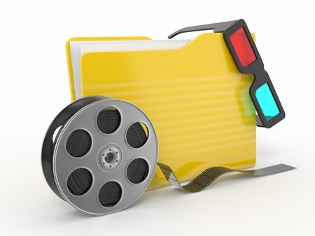 Multimedia folder. Film reel and 3d glasses on white background..の写真素材