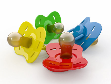 Baby's pacifiers on white isolated background. 3d