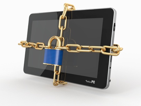 Tablet pc security. Chain with lock on computer. 3dの写真素材