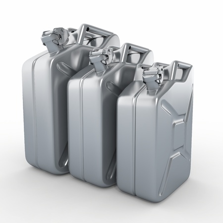 Three aluminium jerrycans  Gasoline can on white background  3dの写真素材