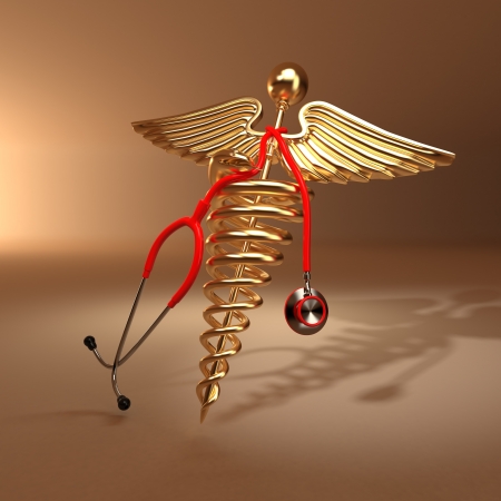 Medical background. Stethoscope, caduceus symbol  and cardiogram. 3dの写真素材