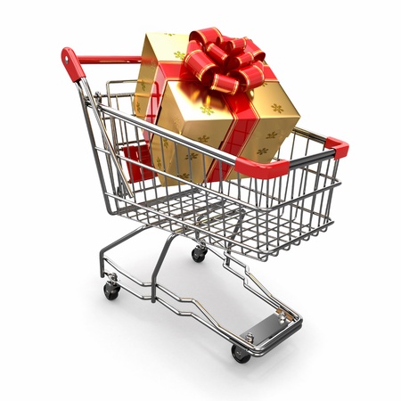 Gift in shopping cart on white background. 3dの写真素材