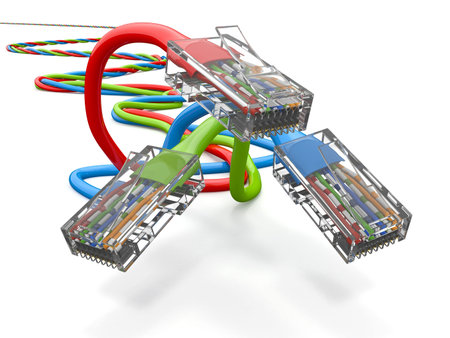 Three computer network cables rj45 on white background. 3d