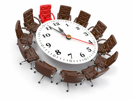 Concept of business meeting or brainstorming. Circle table as clock and armchairs. 3dの写真素材